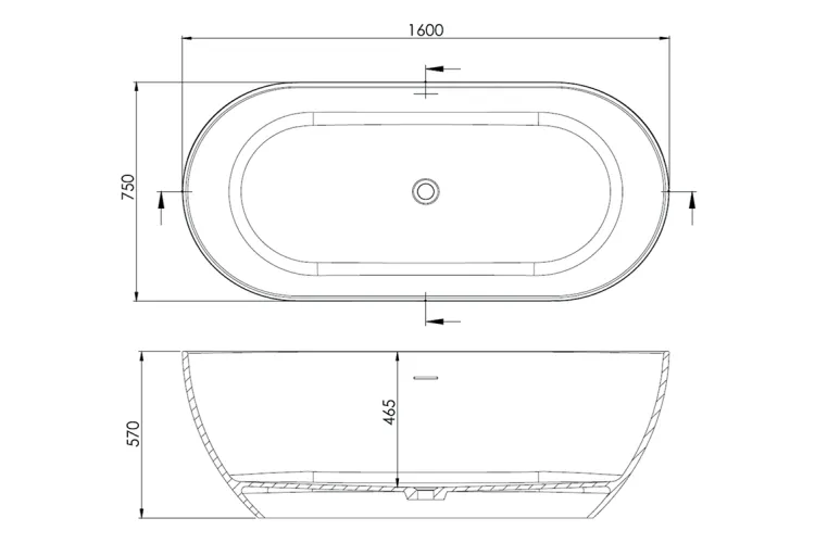 Ванна вільностояча з литого мармуру SENSE 160х75 Gelcoat біла глянцева з сифоном клік-клак image 3