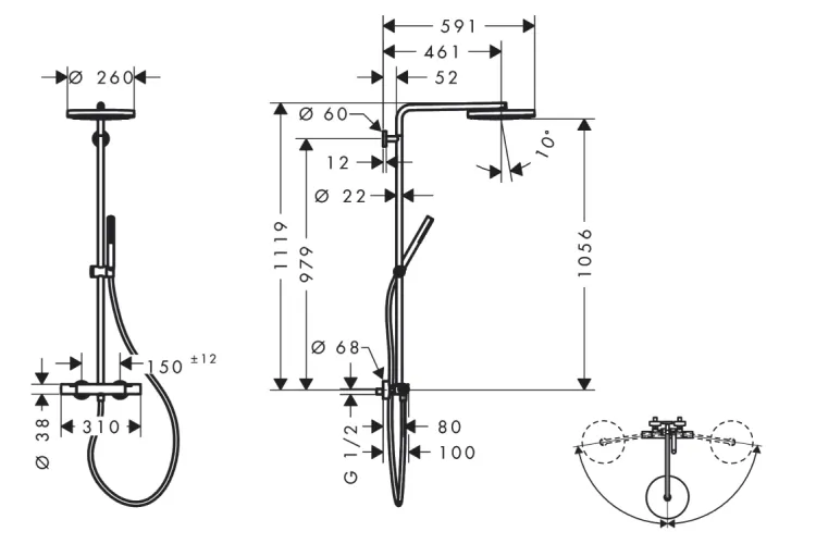 Душова система Pulsify S Puro Showerpipe 260 1jet EcoSmart з Ecostat Fine, Brushed Black (24223340) зображення 2