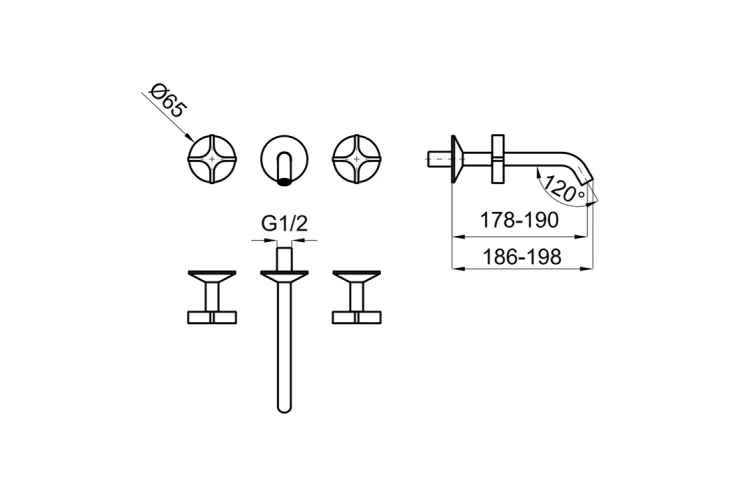 LIGNAGE CROSS, Змішувач для умивальника на 3 отвори, настінний, chrome (100379590) зображення 2