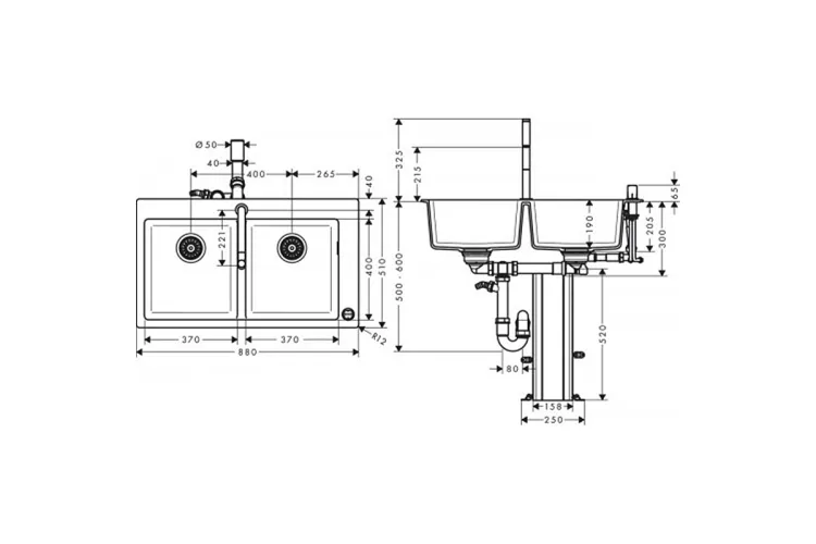 Кухонна мийка C51-F770-10 Сombi 880x510 на дві чаші 370/370 Select зі змішувачем Chrome (43221000) image 2