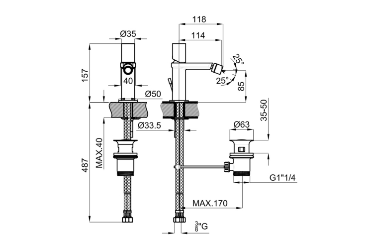 FORMA Змішувач для біде хромований: автоматичний зливний клапан / аератор“plus” / картридж 25мм / підключення 3/8" (100143705) image 2