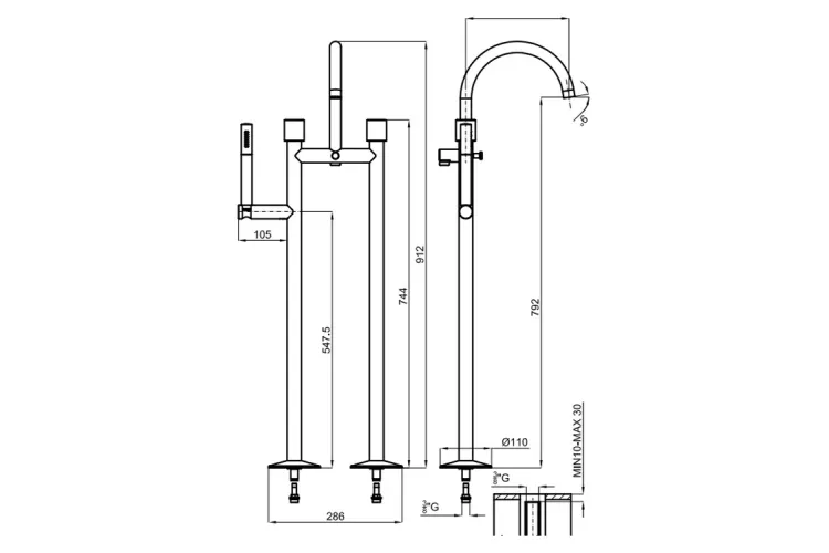 LIGNAGE CARRARA, Змішувач підлоговий для ванни, шланг 150 см, ручний душ, chrome+carrara marble (100324555) зображення 2
