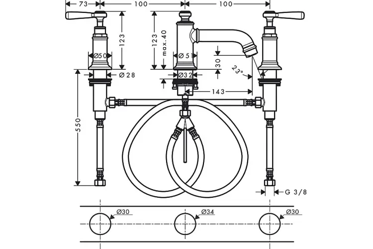 Змішувач Axor Montreux 30 для умивальника на 3 отвори ручки Lever, хром 16535000 зображення 2