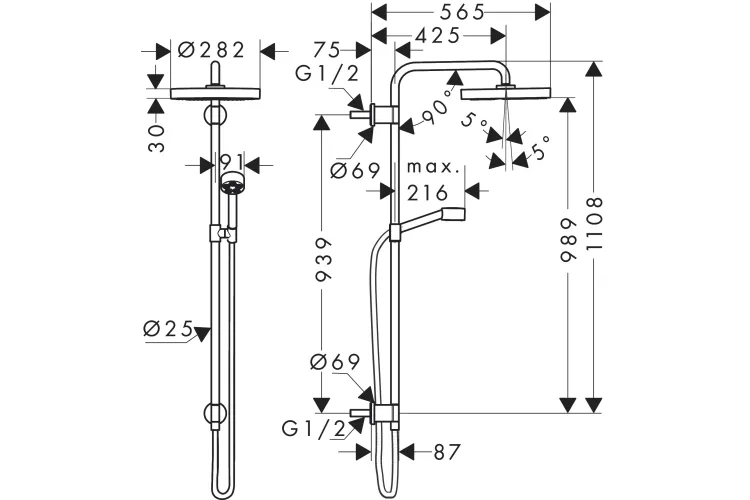 Душова система Axor One Showerpipe 280 1jet прихованого монтажу, Chrome (48790000) image 2