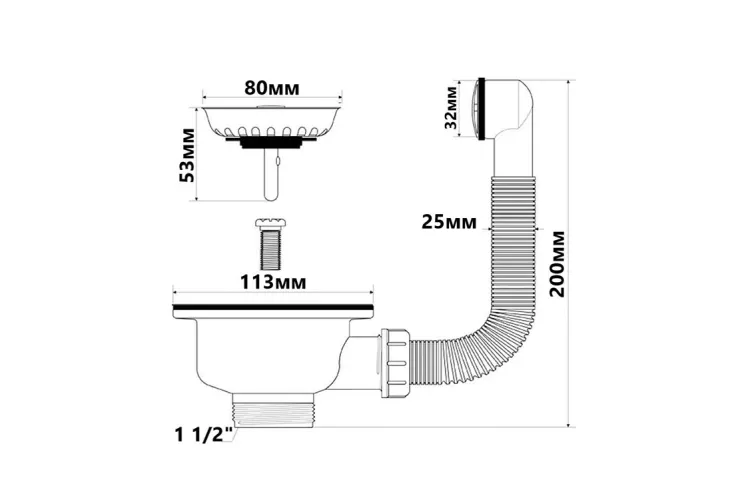 Злив для кухонної мийки 113 мм з круглим переливом, чорний мат FSW50P-POL-25-MB зображення 3