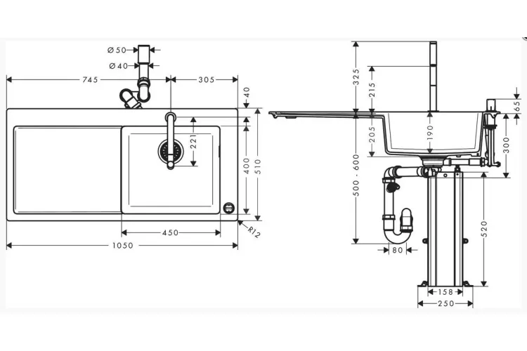 Кухонна мийка C51-F450-08 Сombi 1050x510 полиця праворуч, зі змішувачемSelect, Chrome (43219000) image 2