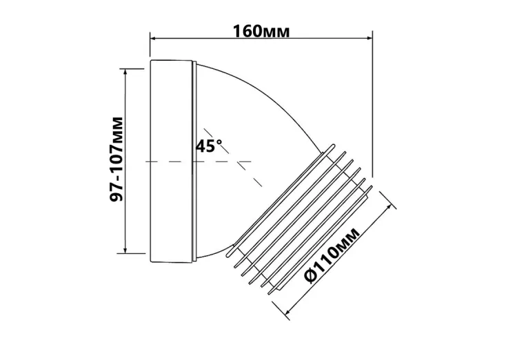 Коліно для унітазу під кутом 45 з ущільненням L-160 mm WC-CON16 зображення 2