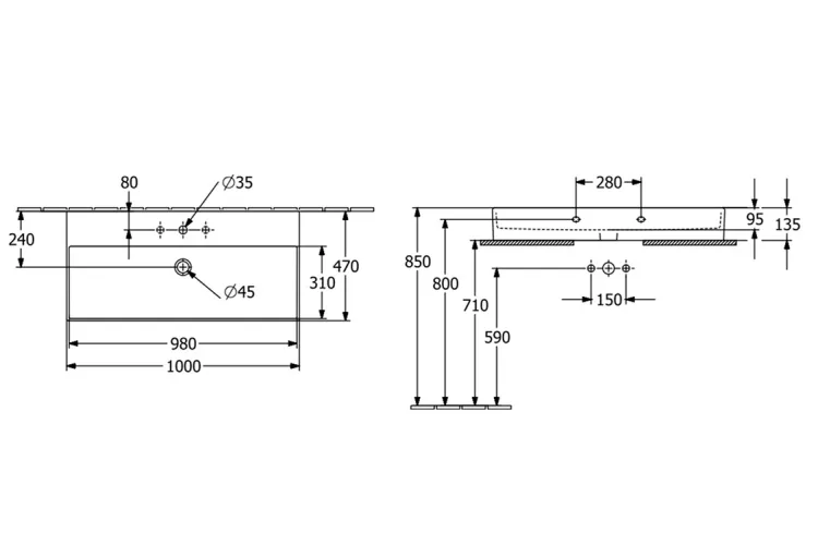 MEMENTO 2.0 Умивальник підвісний 1000x470 мм, б/п Pure Black CP з отвором під змішувач (4A221HR7) зображення 5