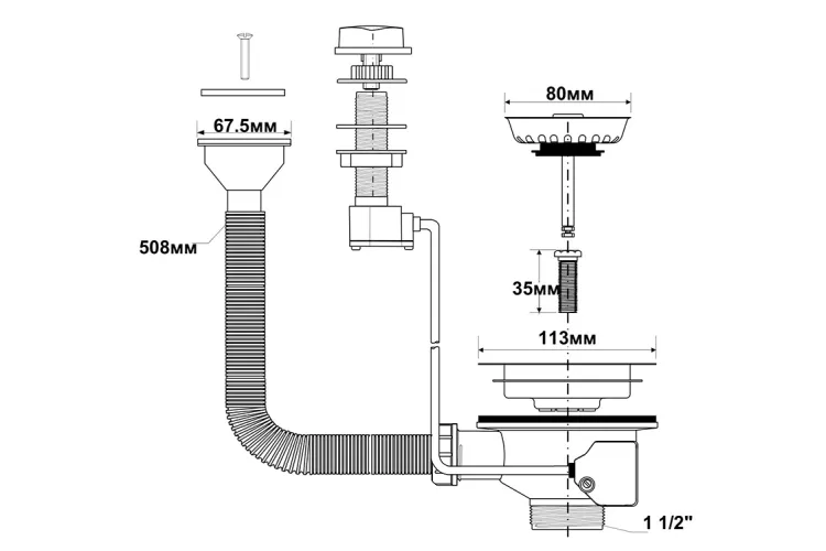 Злив для кухонної мийки (автомат) з горизонтальним переливом PUFS113DR-CP 11/2 image 2