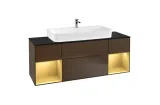 FINION Тумба під умивальник 1600x603x501 Glass Black, Walnut Veneer, поличка Gold Matt + 4 LED (G212HFGN)