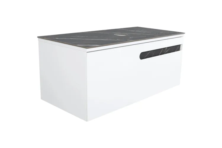 Тумба ОСТІН зі стільницею керамограніт Namibia Black 100 см (консольна), білий мат, без умивальника зображення 1