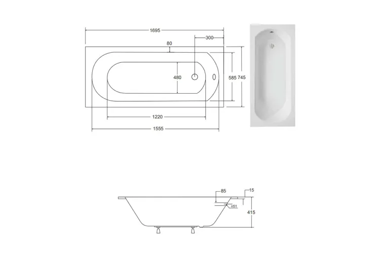 Ванна акрилова INTRICA SLIM 170х75 (соло) без ніг зображення 3