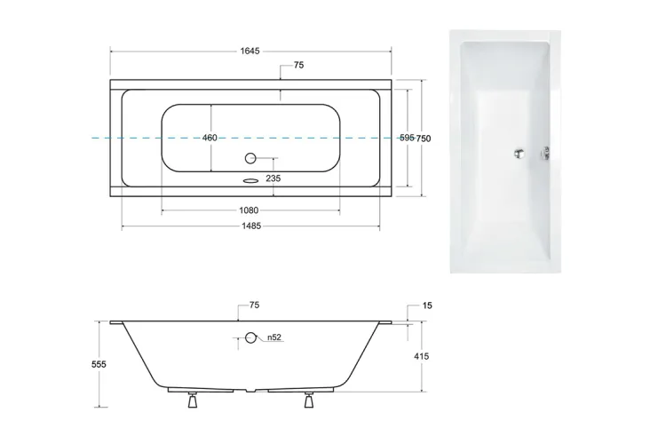 Ванна акрилова QUADRO SLIM 165х75 без ніг, БЕЗ отворів під ручки, без ручок image 3