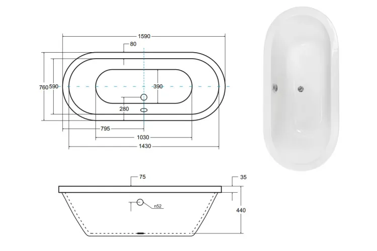 Ванна VICTORIA 160х75 з сифоном БЕЗ обудови  image 3