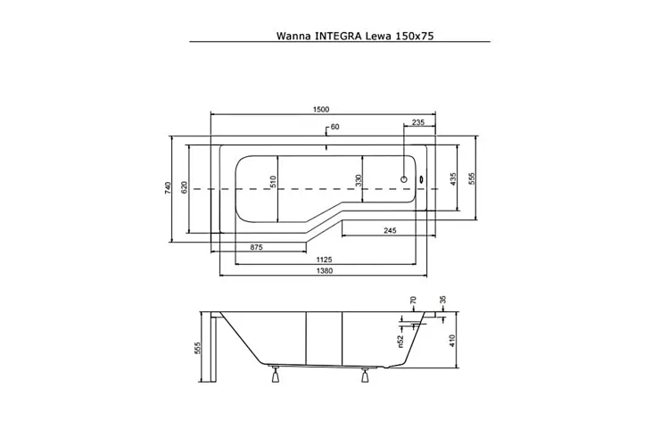 Ванна акрилова INTEGRA 150х75 Ліва (соло) без ніг зображення 4