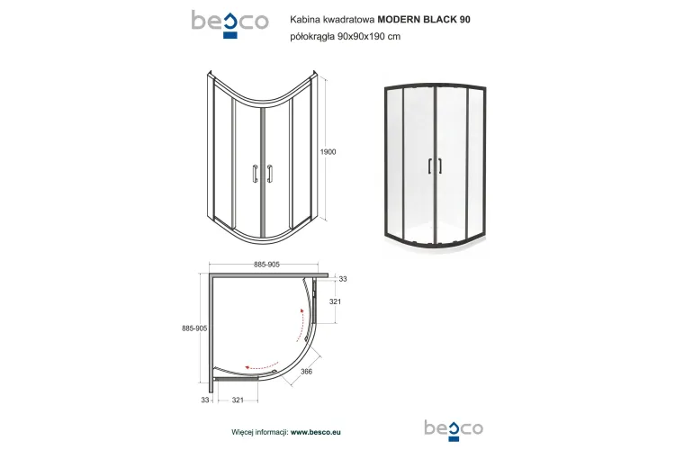 Кабіна півкругла MODERN 90x90x190 скло прозоре, профіль чорний мат зображення 3