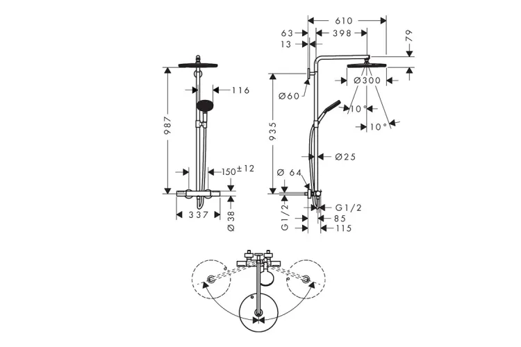 Душова система Raindance Alive S Puro 300 1jet EcoSmart з Ecostat Element, Polished Gold Optic (24593990) зображення 2