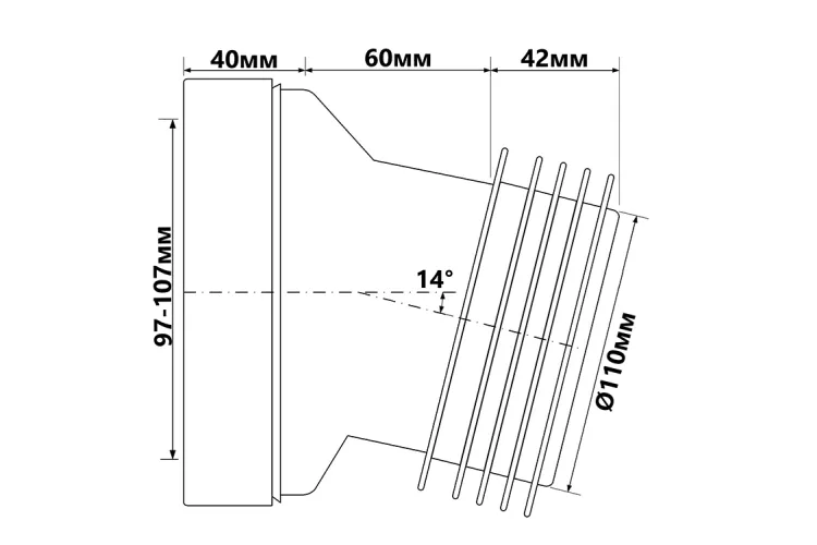 Коліно для унітазу під кутом 14 з ущільнювачем L-125 mm HC39 зображення 2