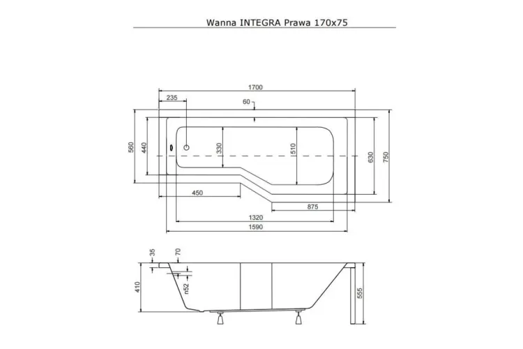 Ванна акрилова INTEGRA 170х75 Права (соло) без ніг зображення 4