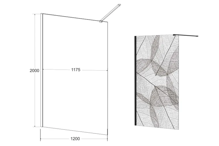 Кабіна walk in LEAFY 120x200 скло прозоре з візерунком, тримач чорний мат 120 см image 3