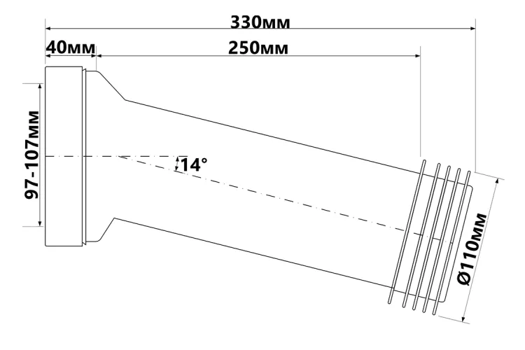 Коліно-підключення до WC під кутом 14 з ущільнювачем (довге) WC-CON7 зображення 2