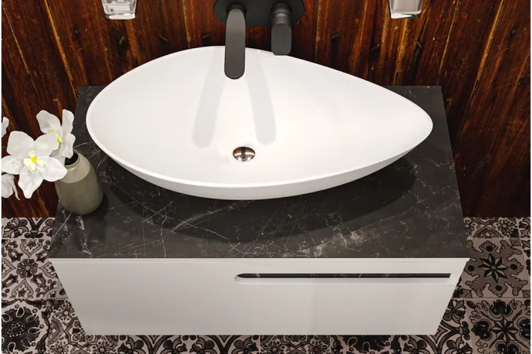 Тумба ОСТІН зі стільницею керамограніт Namibia Black 100 см (консольна), білий мат, без умивальника зображення 5