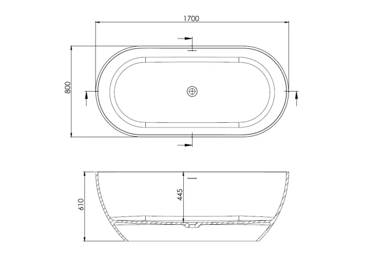 Ванна вільностояча з литого мармуру SENSE 170х80 Gelcoat біла глянцева з сифоном клік-клак image 3