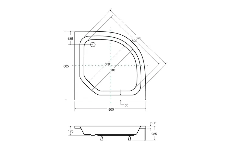 Піддон півкруглий DIPER II 80x80x15/25 + ноги зображення 2