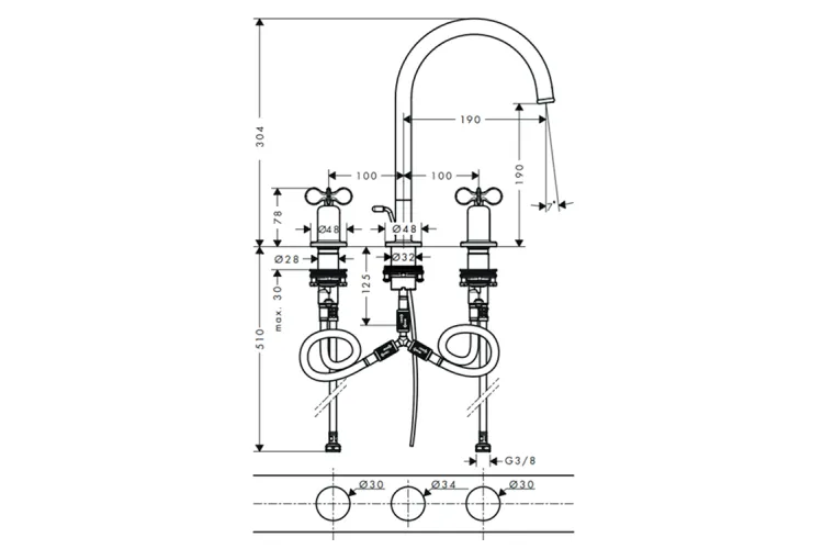 Змішувач Axor Archivio 190 Cross для умивальника на 3 отвори, Stainless Steel Optic 34027800 зображення 2