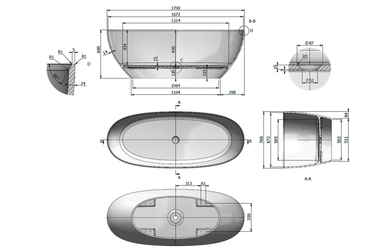 Ванна вільностояча з литого мармуру SANDHAMN 170х70 Gelcoat біла глянцева з сифоном клік-клак зображення 2