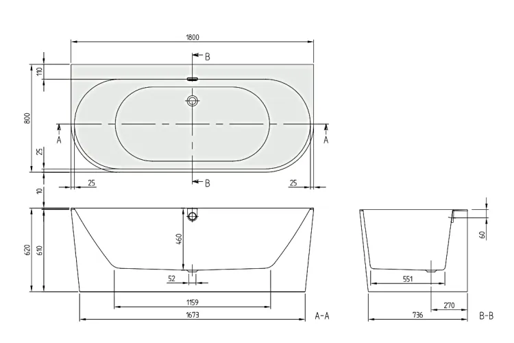 OBERON 2.0 Ванна 1800x800 кварил пристінна з білою панеллю (UBQ180OBR9CD00V-01) image 3