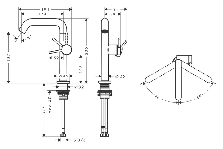 Змішувач для умивальника Tecturis S 210 Fine CoolStart, поворотний вилив, Brushed Black Chrome (73360340) зображення 2