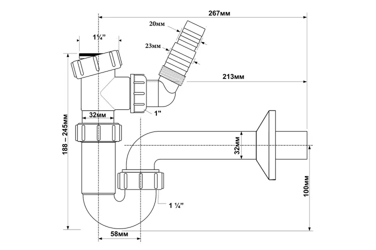 Сифон для умивальника HC4PF-32WM трубний без зливу 1 1/4″x32мм з підключенням до пральної або посудудомийної машини, білий image 2