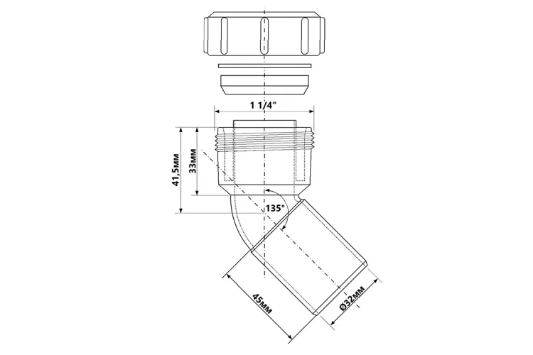 Коліно пластикове 45° ∅32 з гайкою 32D-WH image 2