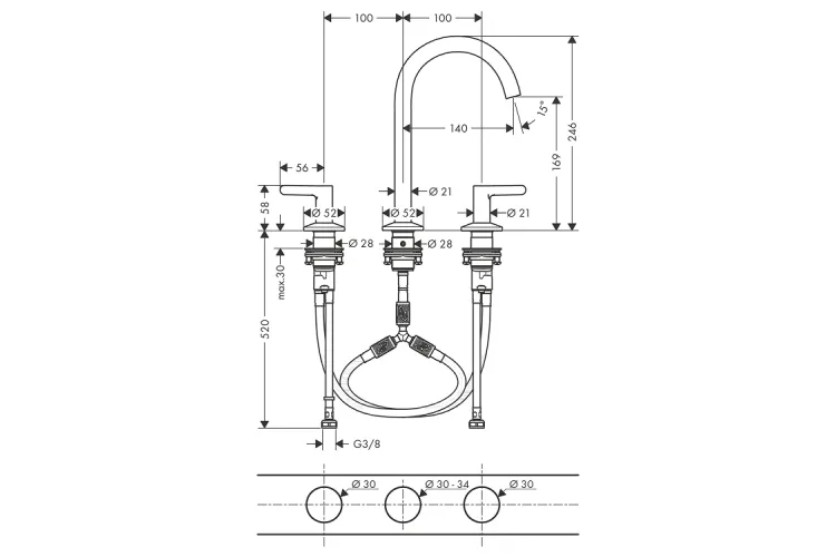 Змішувач AXOR One 170 для умивальника на 3 отвори з д/к push-open. Stainless Steel Optic (48050800) зображення 2