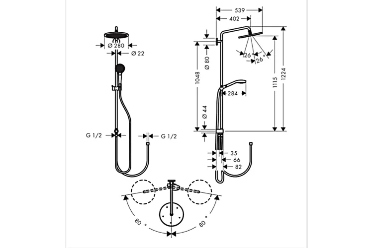 Душова система Croma Select Showerpipe S 280 RainAir 1jet Reno без змішувача, хром (26793000) зображення 2