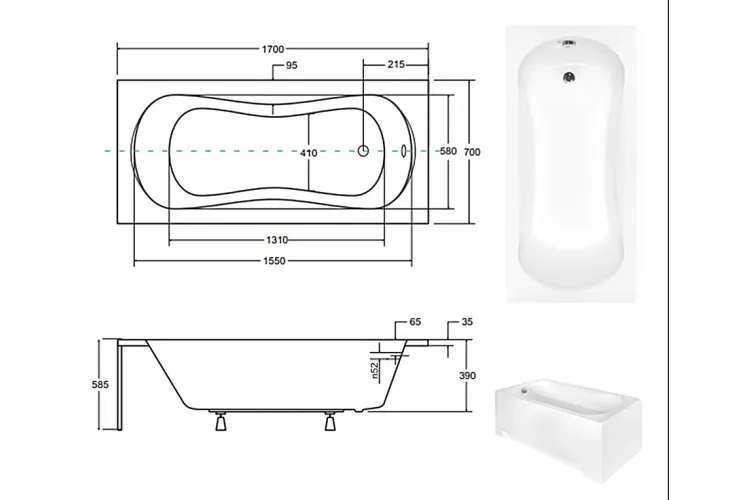 Ванна акрилова ARIA PLUS 170х70 (соло) без ручок і ніг БЕЗ отворів під ручки image 3